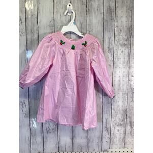 Embroidered Girls Smocked Dress Pink Christmas Trees Size Small NEW W/Tag
